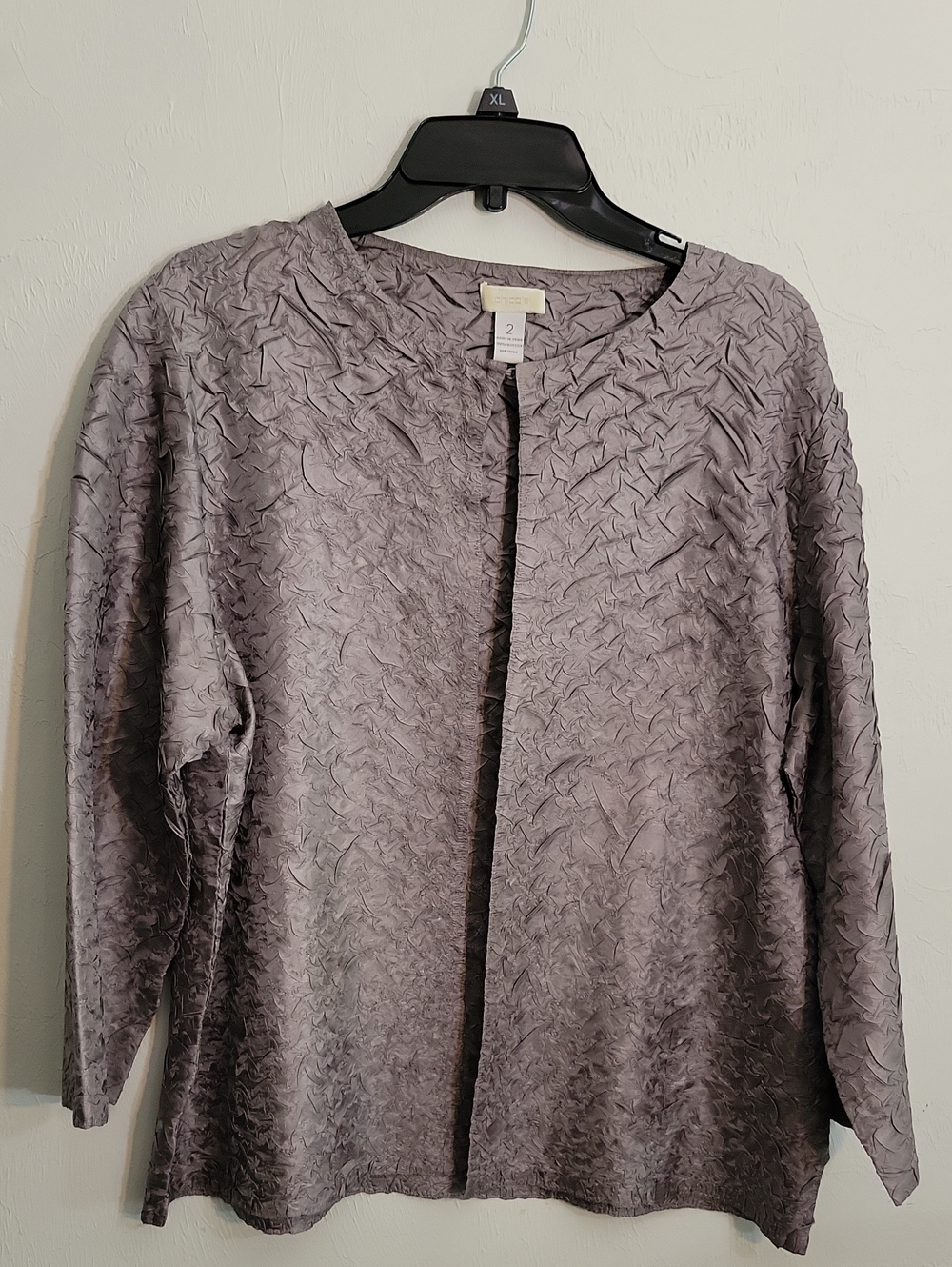 Chico's Lilac-Mauve Crinkled Open Front Long-Sleeve Top